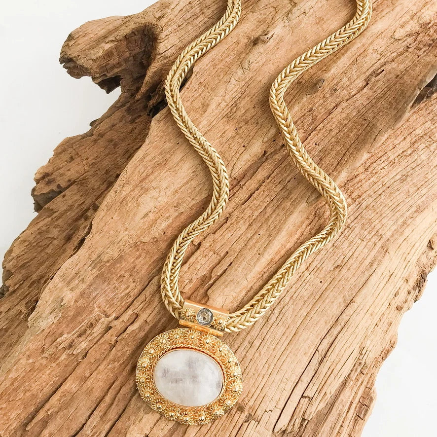 Virtue Gemstone Pendant on Large Box Weave Necklace - Moonstone