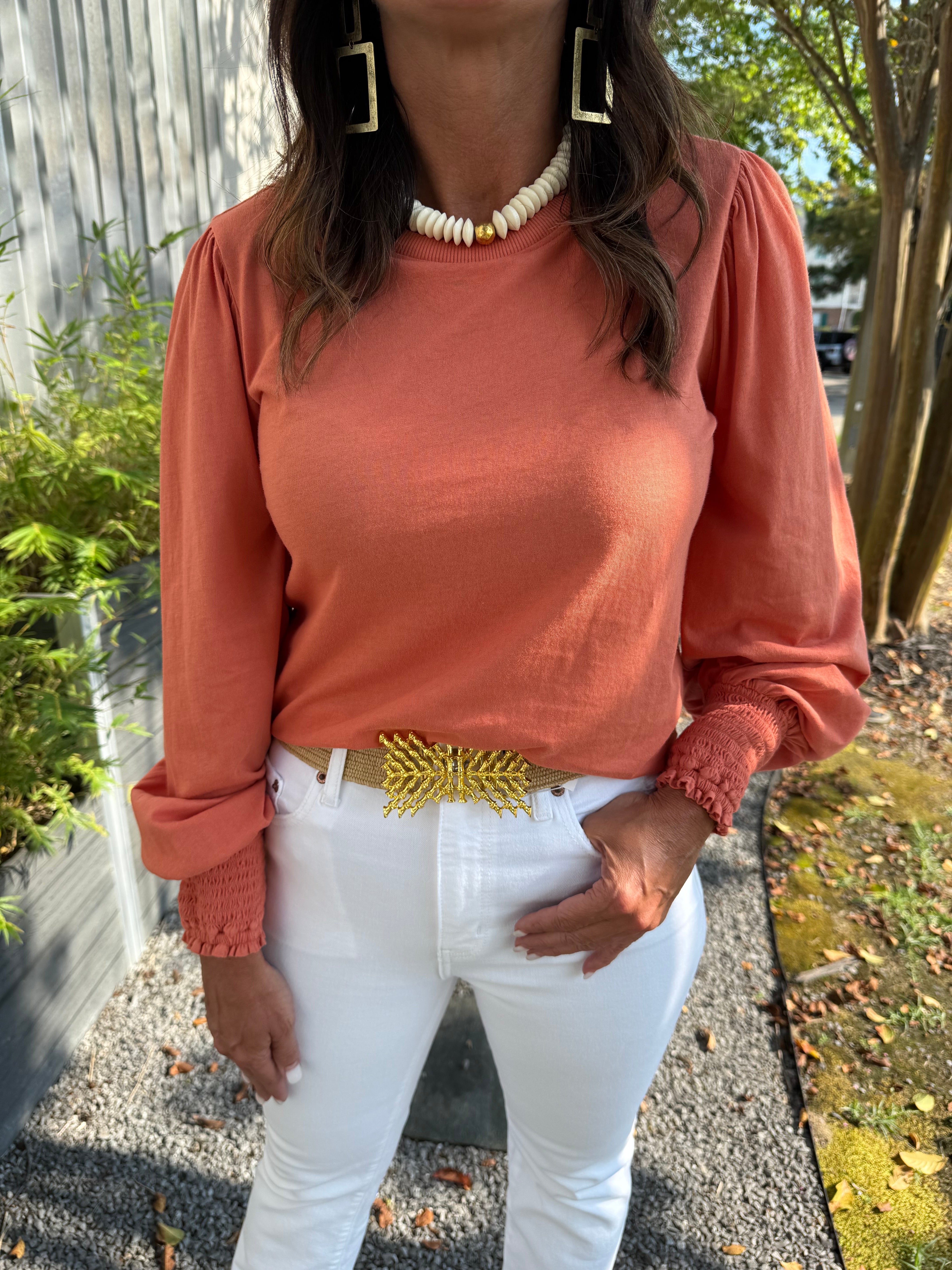 Bobi Smocked Cuff Shirred Sleeve Tee - Harvest - Gabrielle's Biloxi