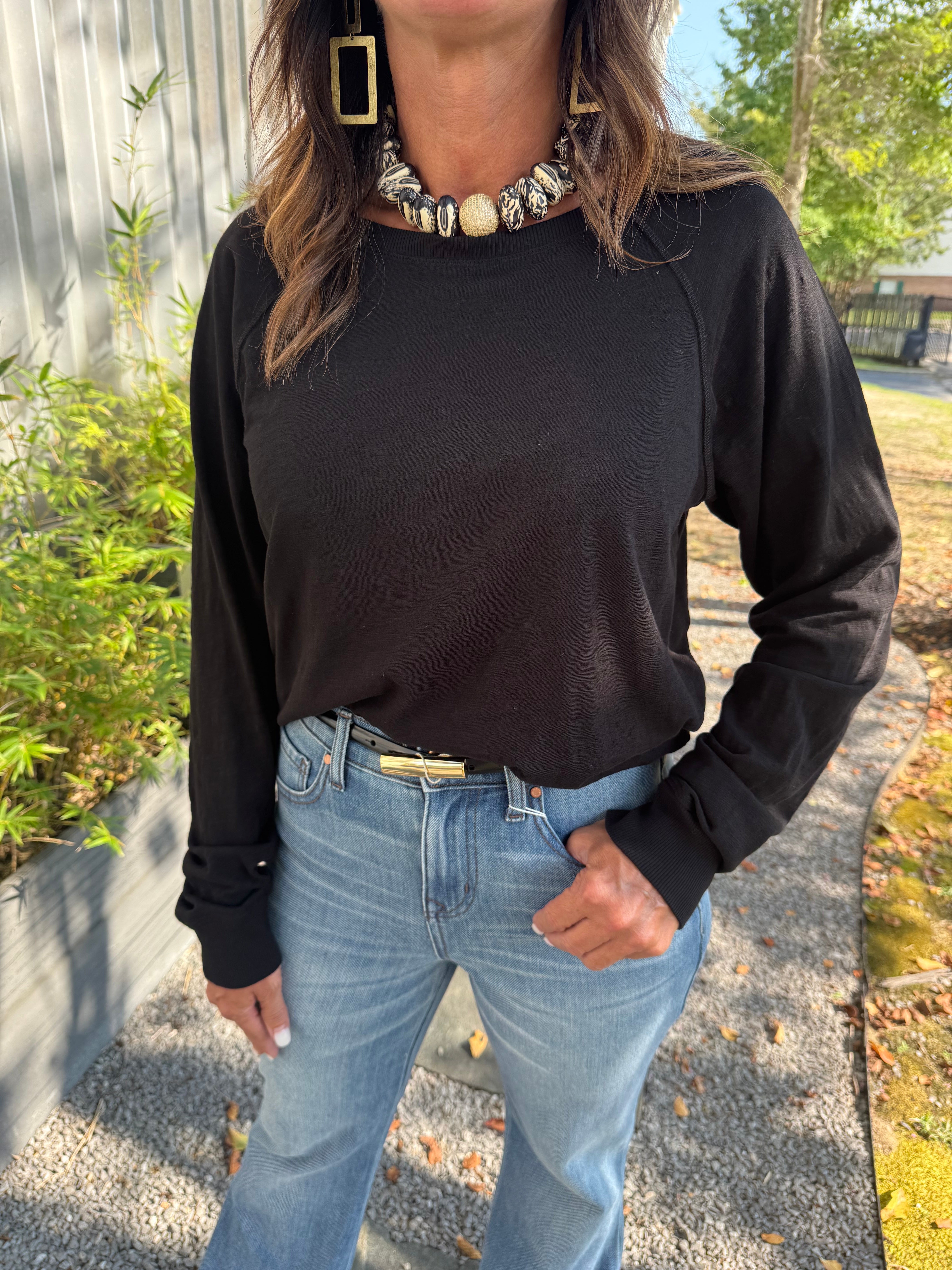 Bobi Long Sleeve Crewneck Raglan Tee - Black - Gabrielle's Biloxi