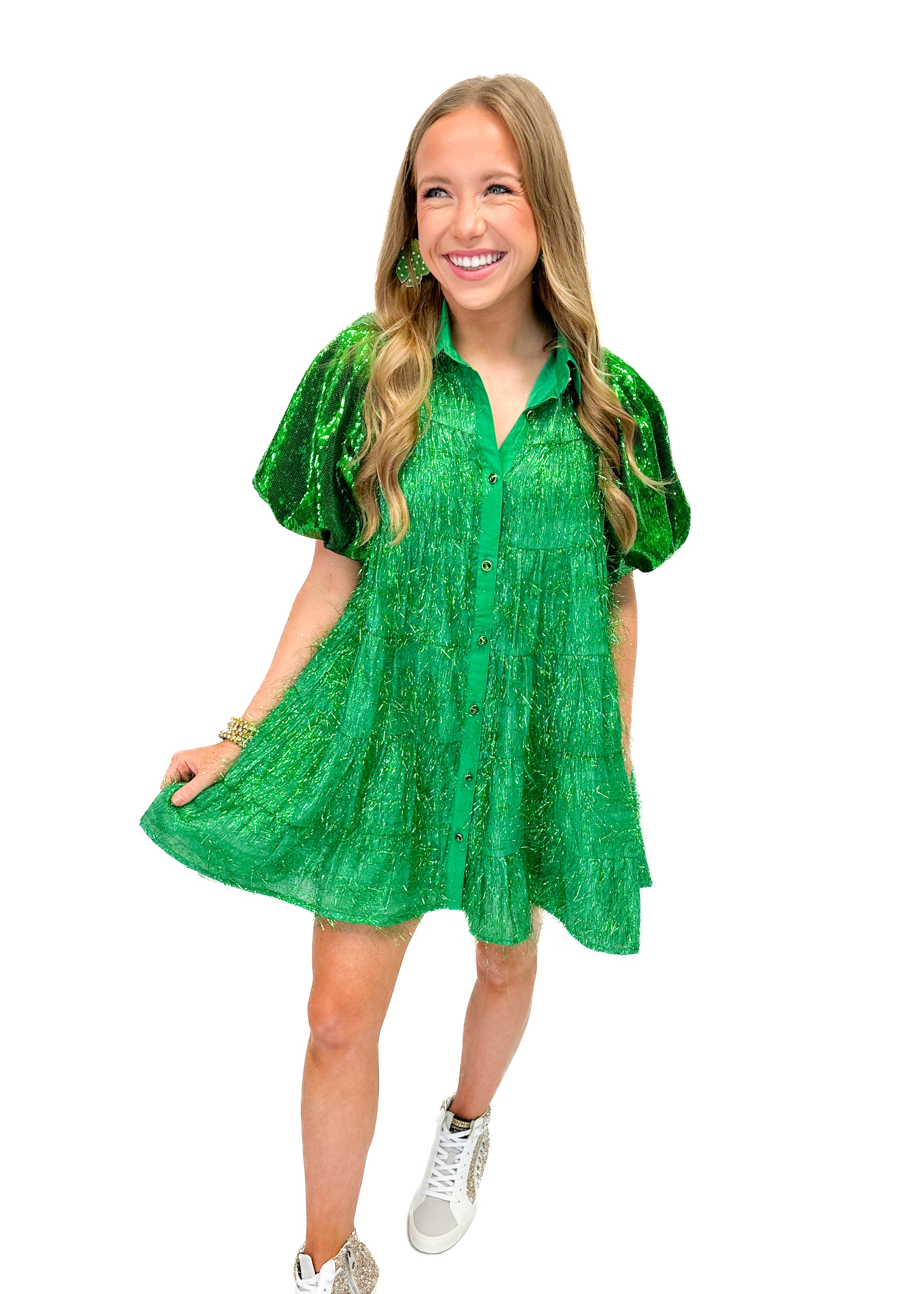 Queen of Sparkles Green Tinsel Sequin Sleeve Dress - Gabrielle's Biloxi