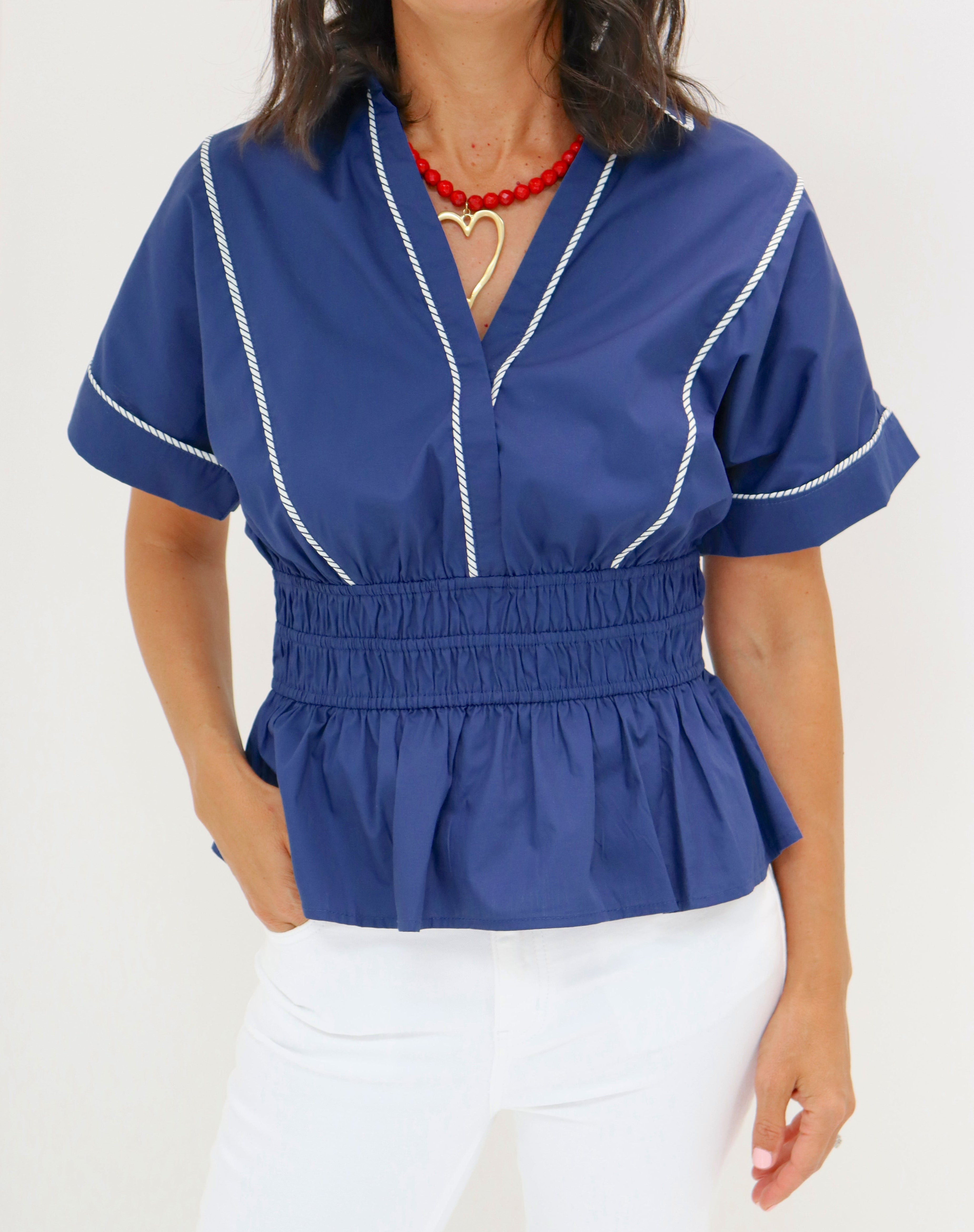 Navy Cinched Waist Blouse
