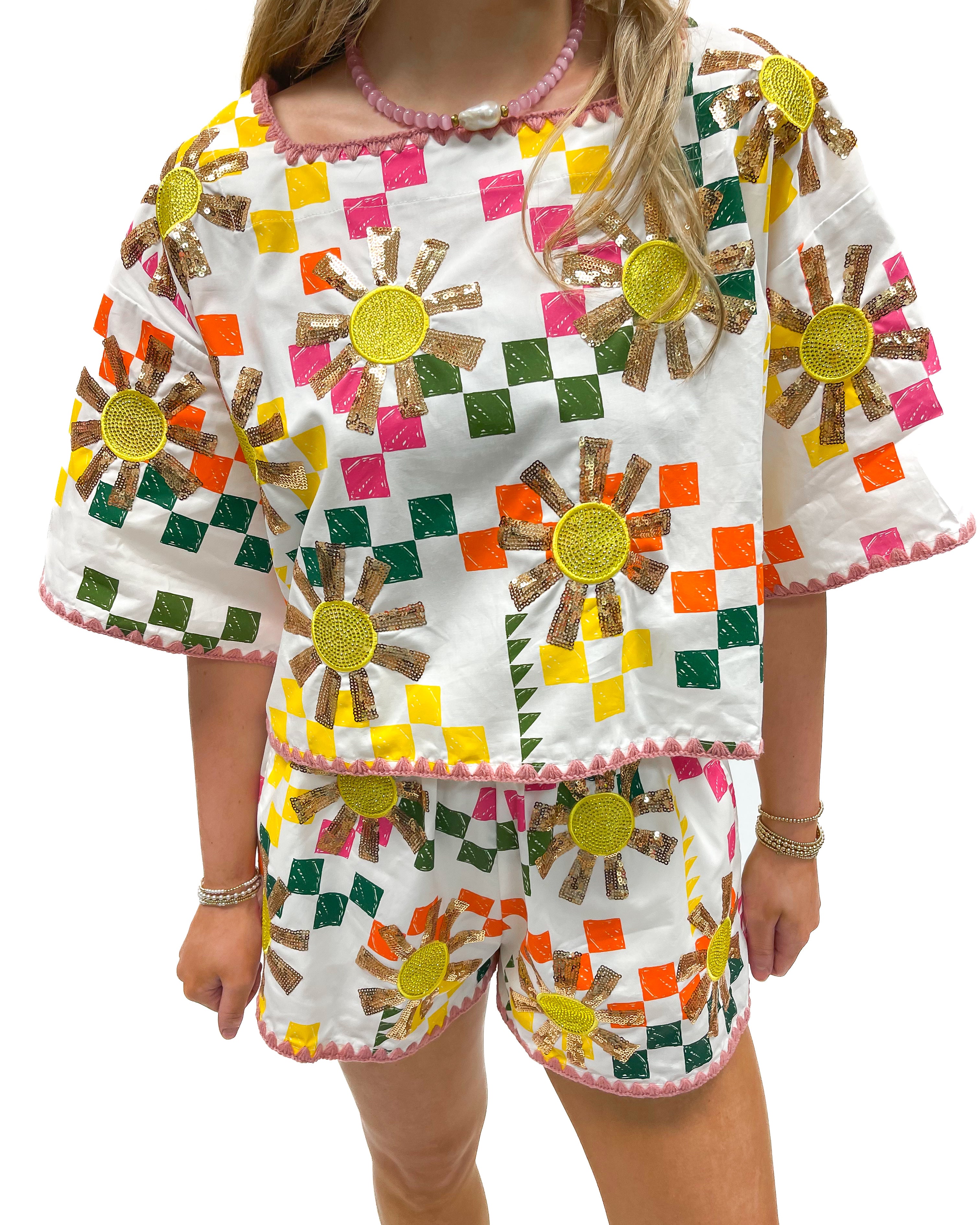 Queen of Sparkles White Multi Checkered Sun Top - Gabrielle's Biloxi