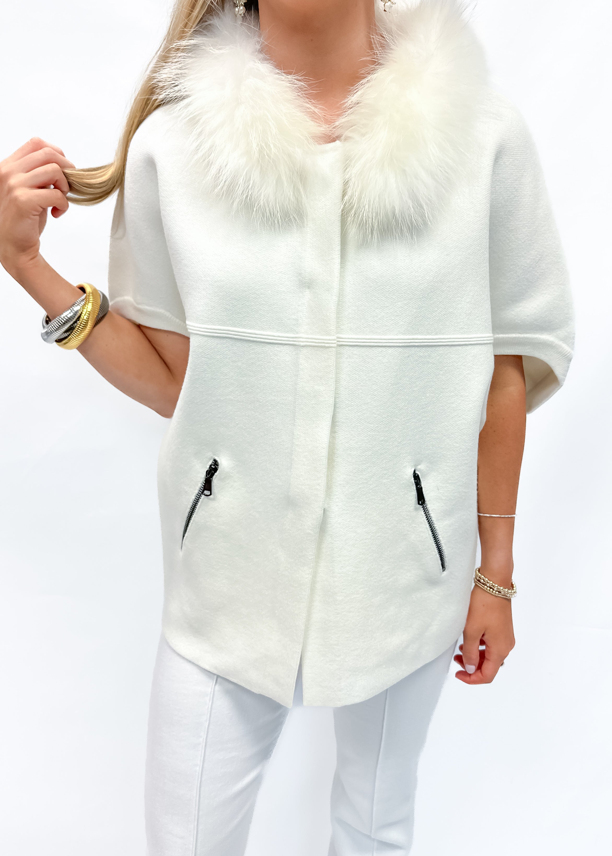 Faux Fur Trim Cardigan - Ivory - Gabrielle's Biloxi