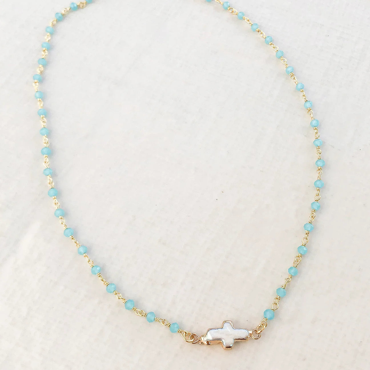 Pearl Bezel Cross on Rosary Necklace - Sky - Gabrielle's Biloxi