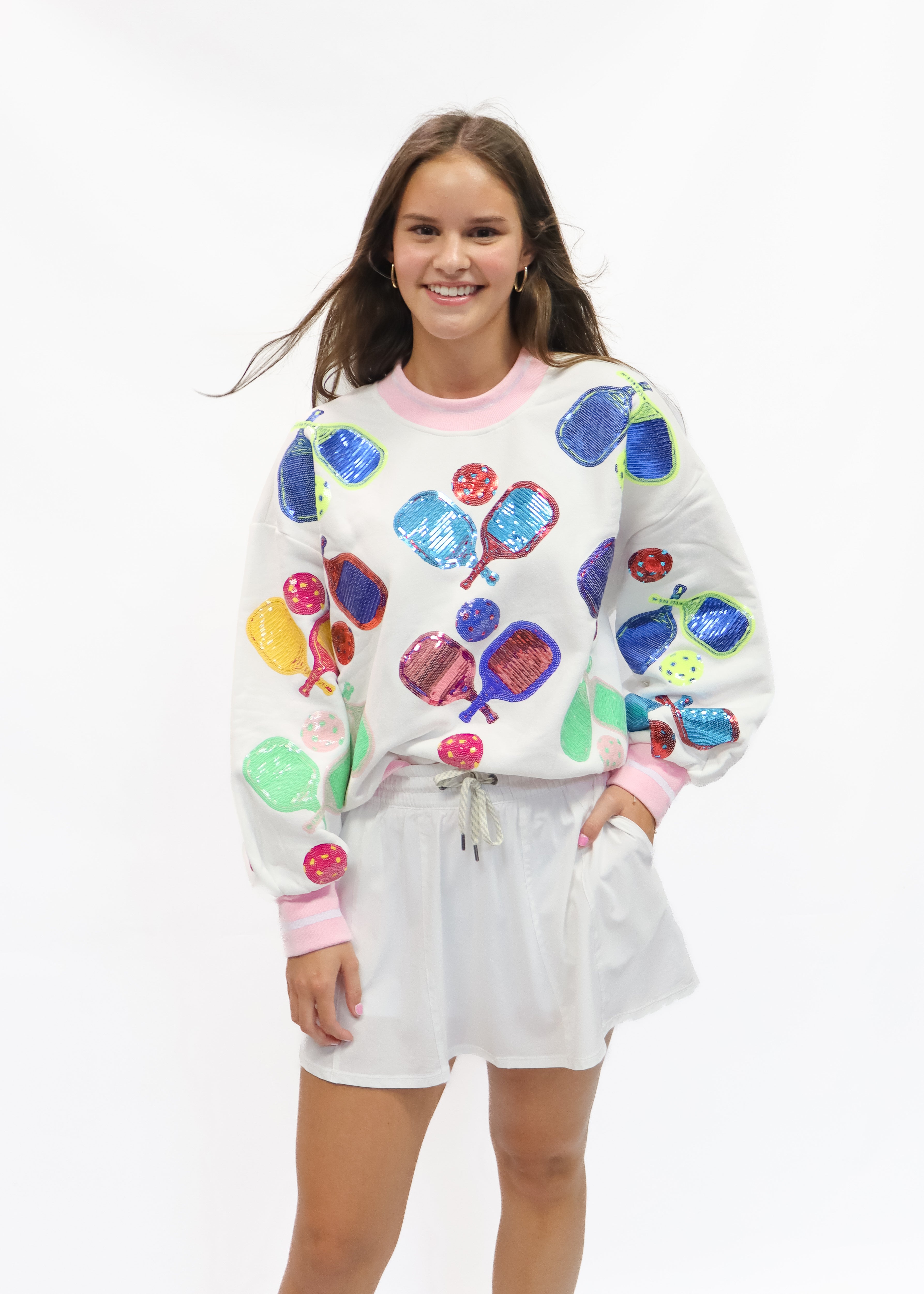 Queen of Sparkles White Multi Pickleball Sweatshirt - Gabrielle's Biloxi