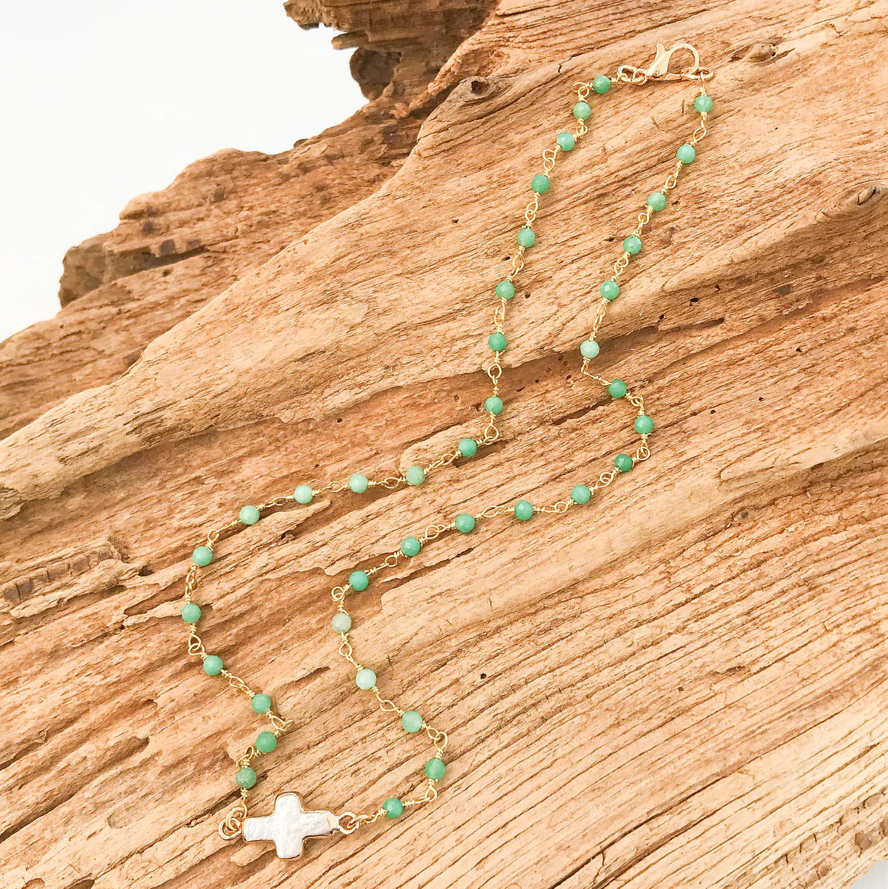 Pearl Bezel Cross on Rosary Necklace - Spearmint - Gabrielle's Biloxi