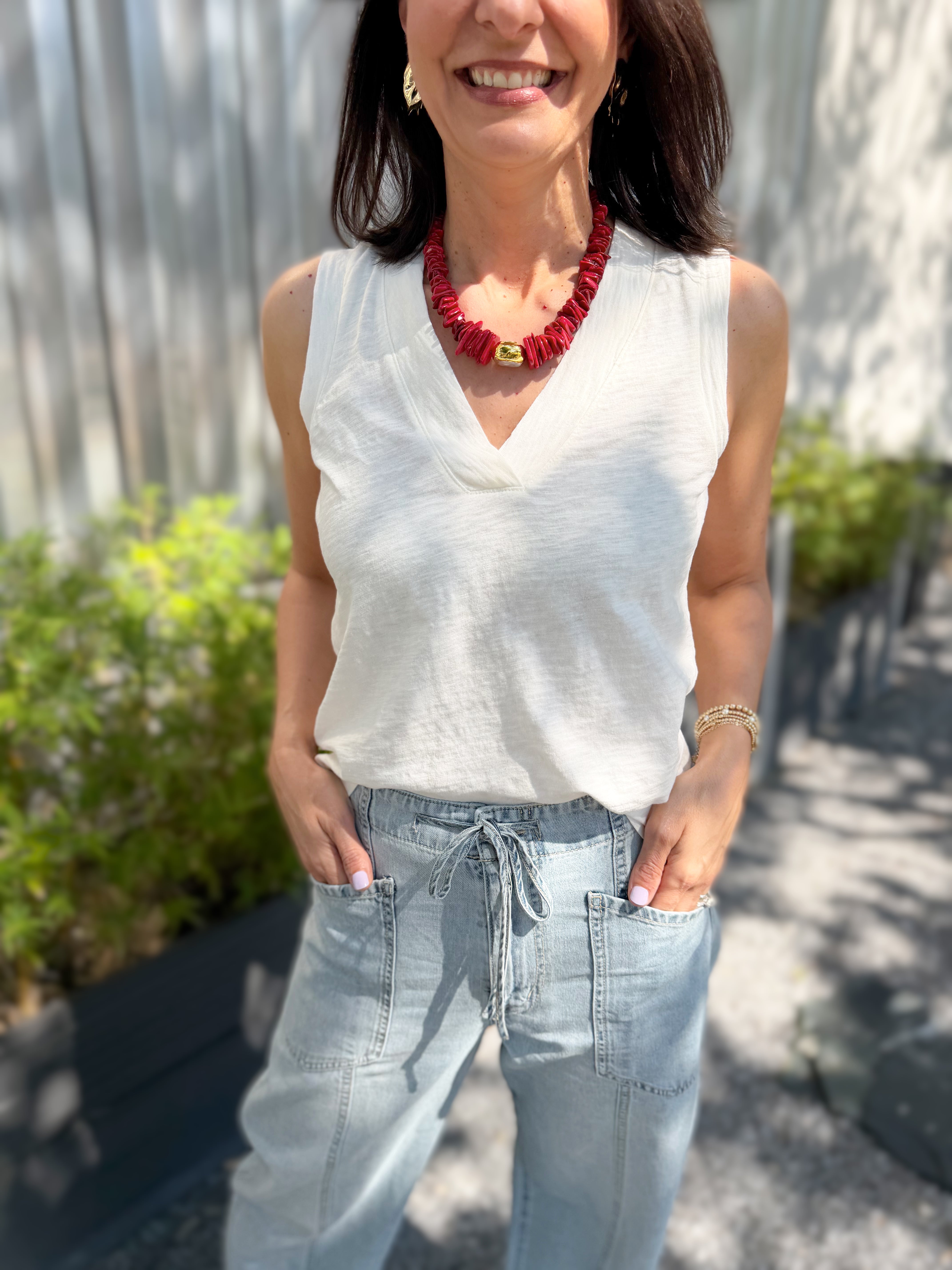 Bobi Banded Vneck Tank - Linen - Gabrielle's Biloxi