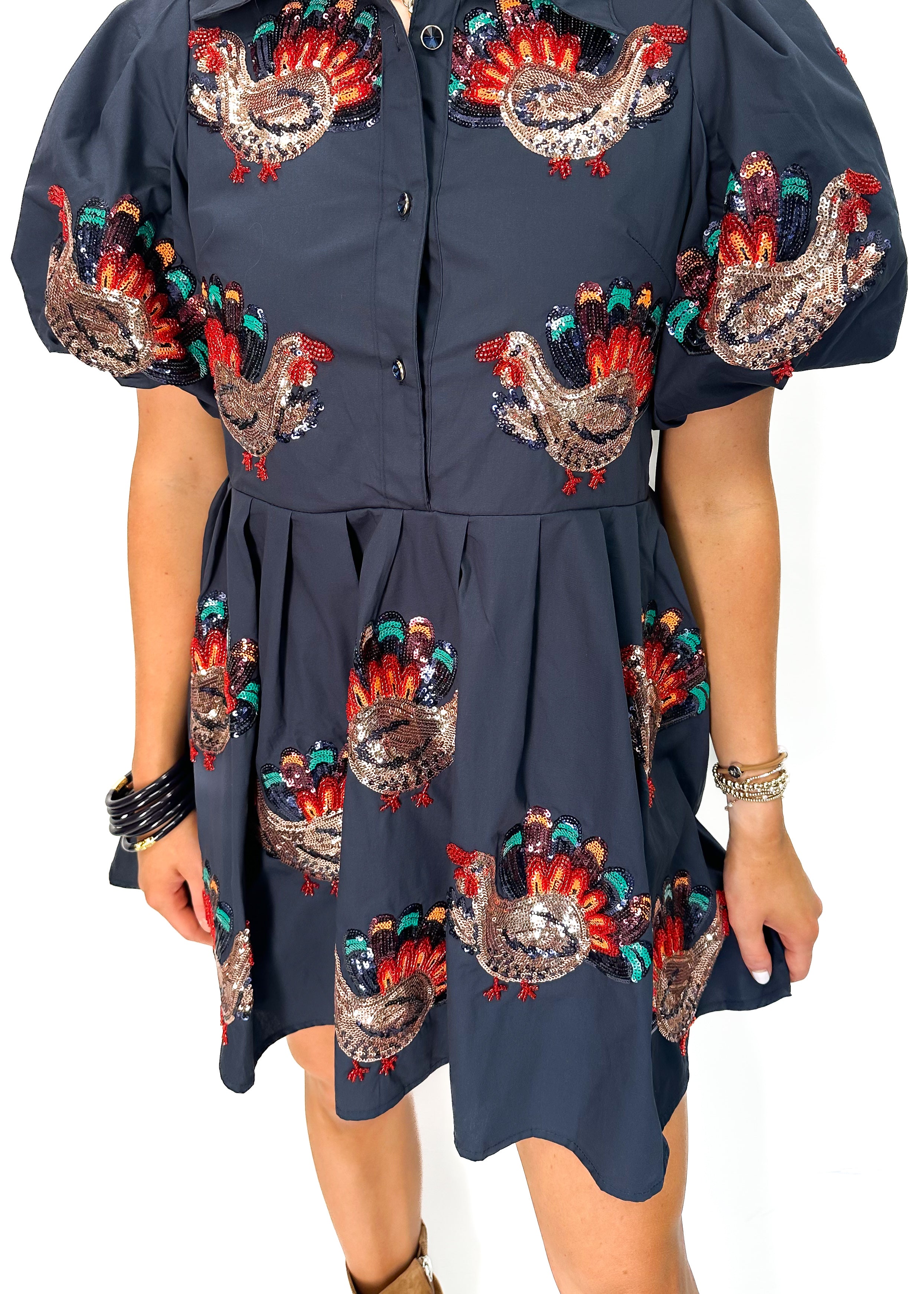 Queen of Sparkles Dark Blue Beaded Turkeys All Over Cotton Dress - Dark Blue - Gabrielle's Biloxi