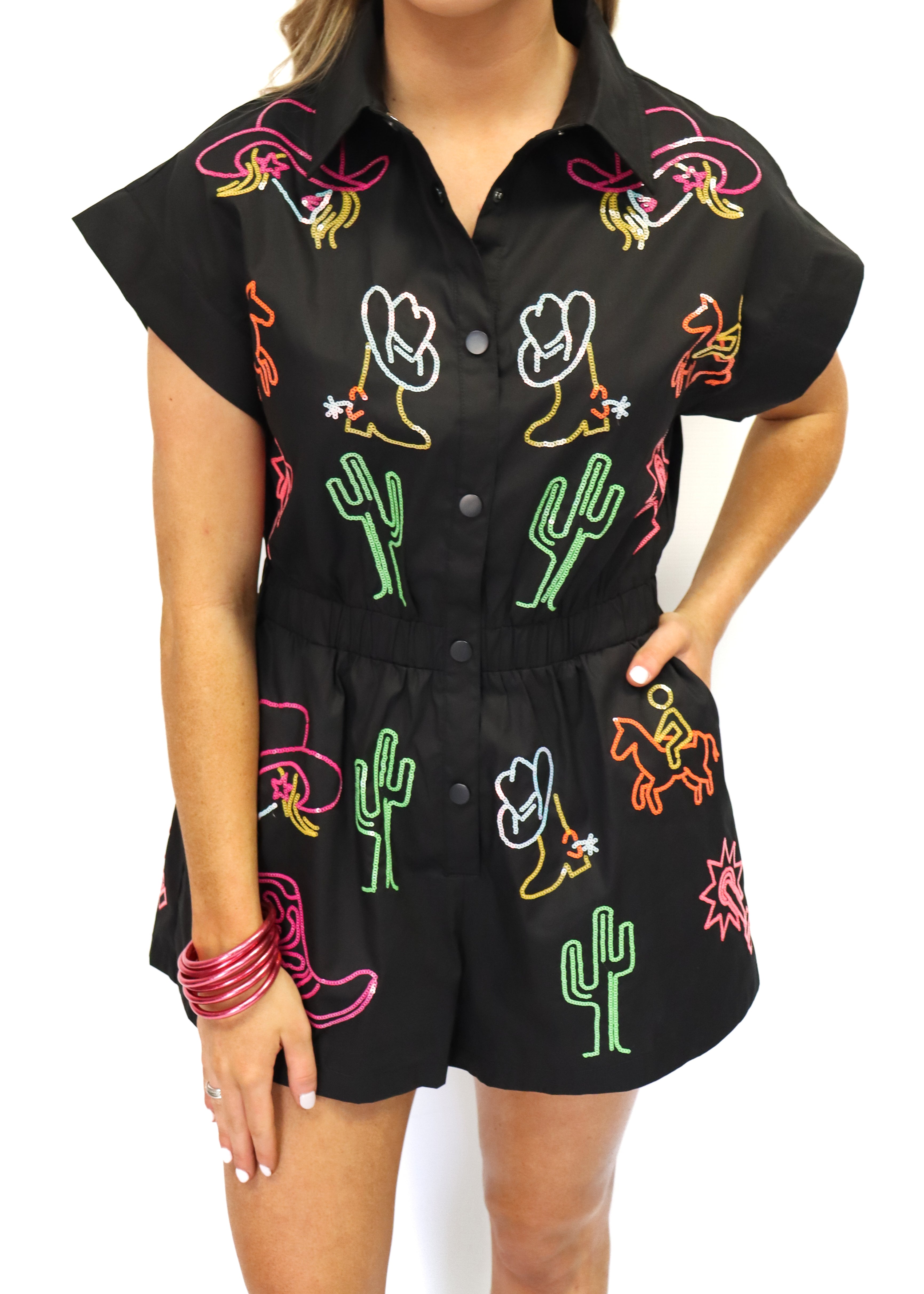 Queen of Sparkles Black & Neon Rodeo Icon Romper - Gabrielle's Biloxi