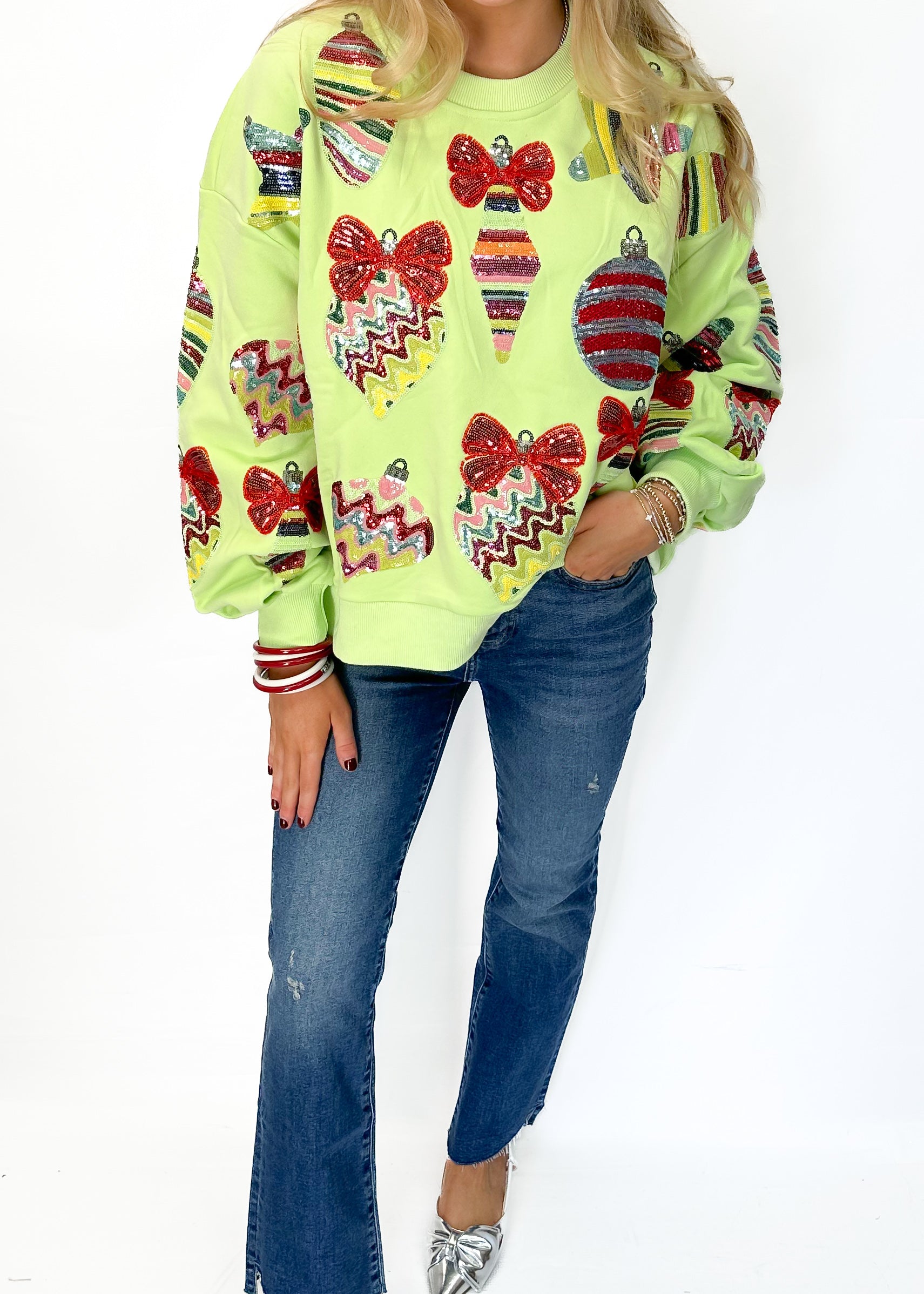 Queen of Sparkles Pale Green Patterned Ornament & Bows Sweatshirt - Pale Green - Gabrielle's Biloxi