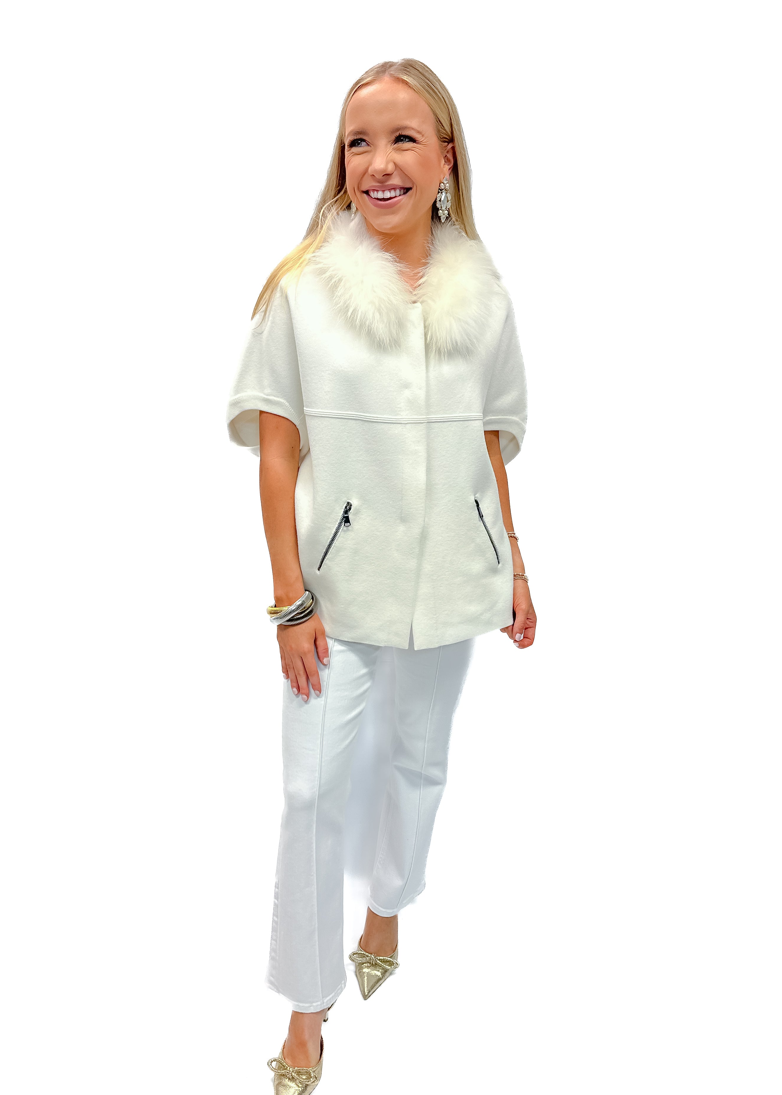 Faux Fur Trim Cardigan - Ivory - Gabrielle's Biloxi