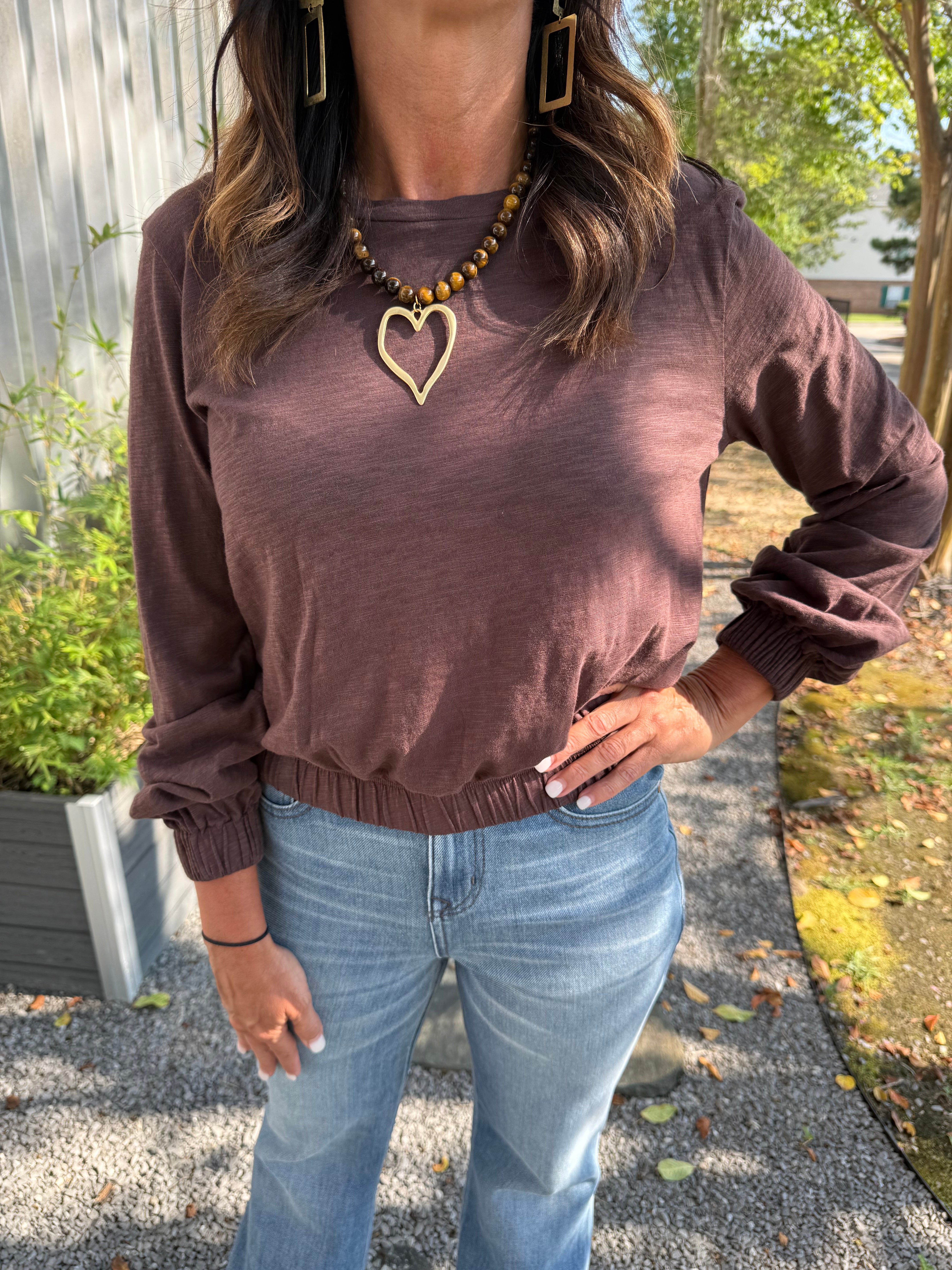 Bobi Long Sleeve Elastic Hem Tee - Umber - Gabrielle's Biloxi