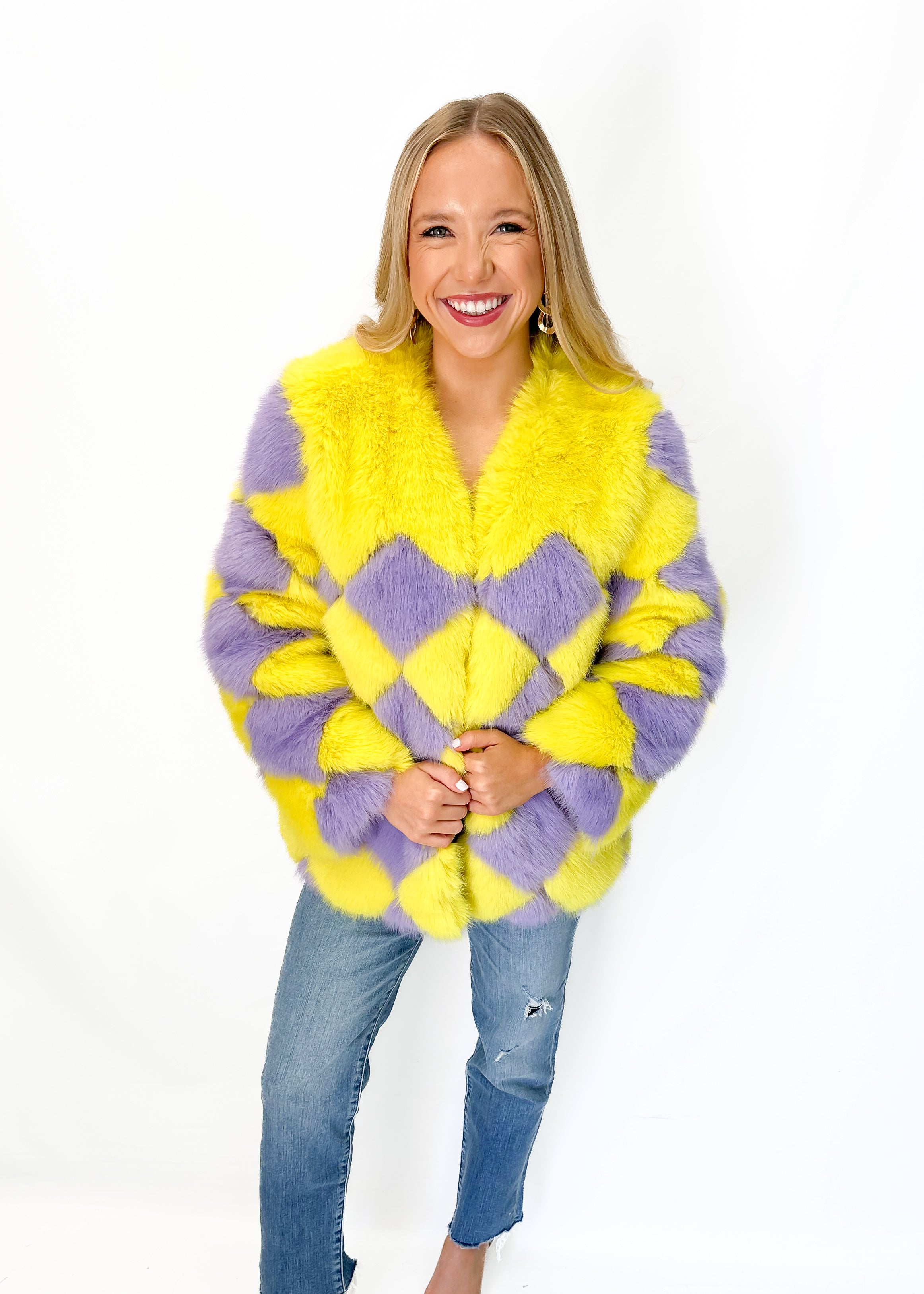 Jayley Faux Fur Delilah Diamond Coat - Yellow - Gabrielle's Biloxi