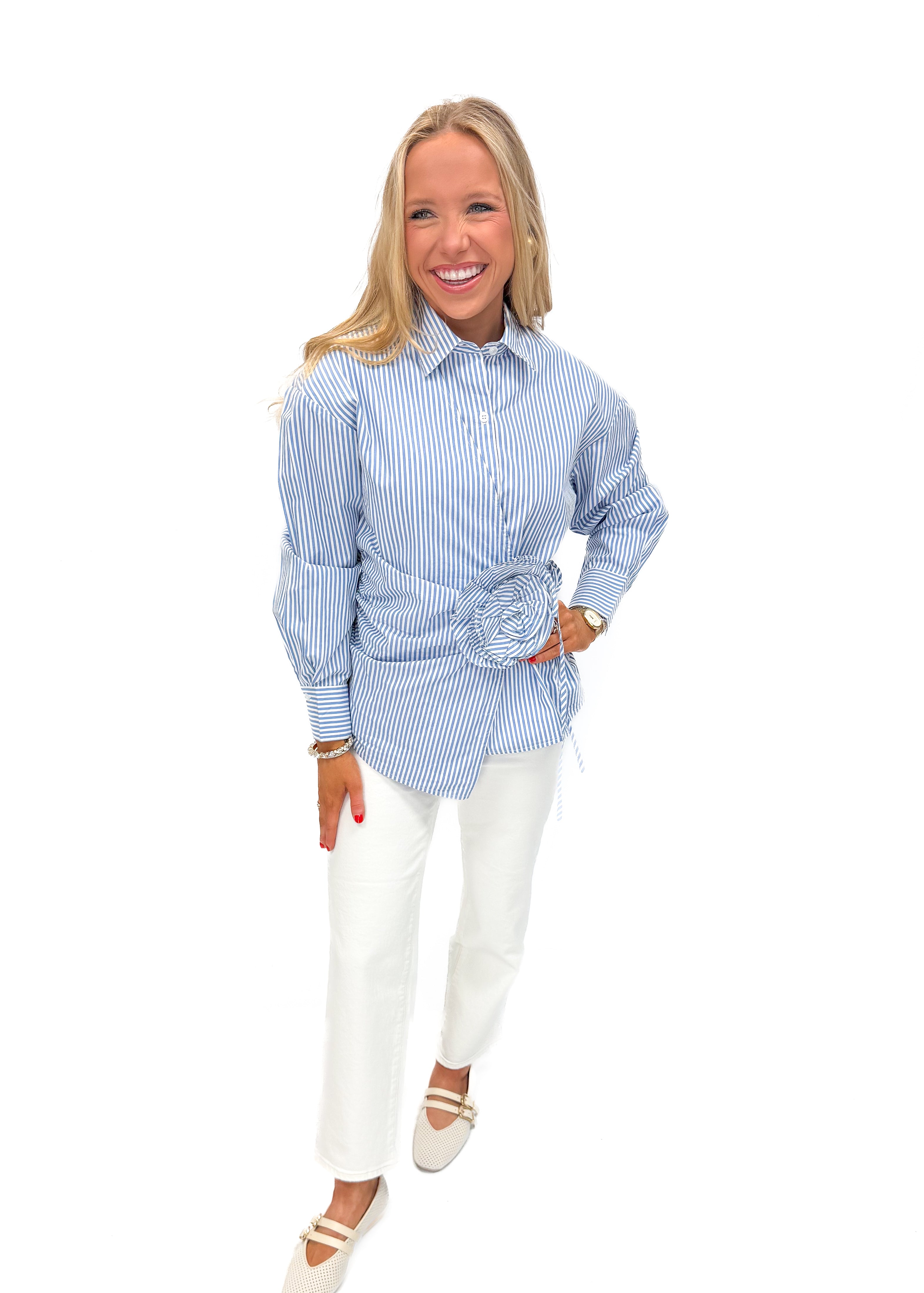 French Connection Cambria Striped Corsage Shirt - Blue/White - Gabrielle's Biloxi