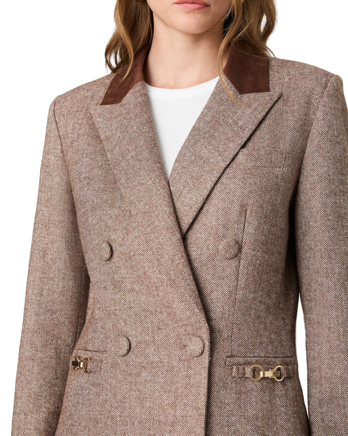 French Connection Naya Herringbone Contrast Blazer - Chestnut Brown