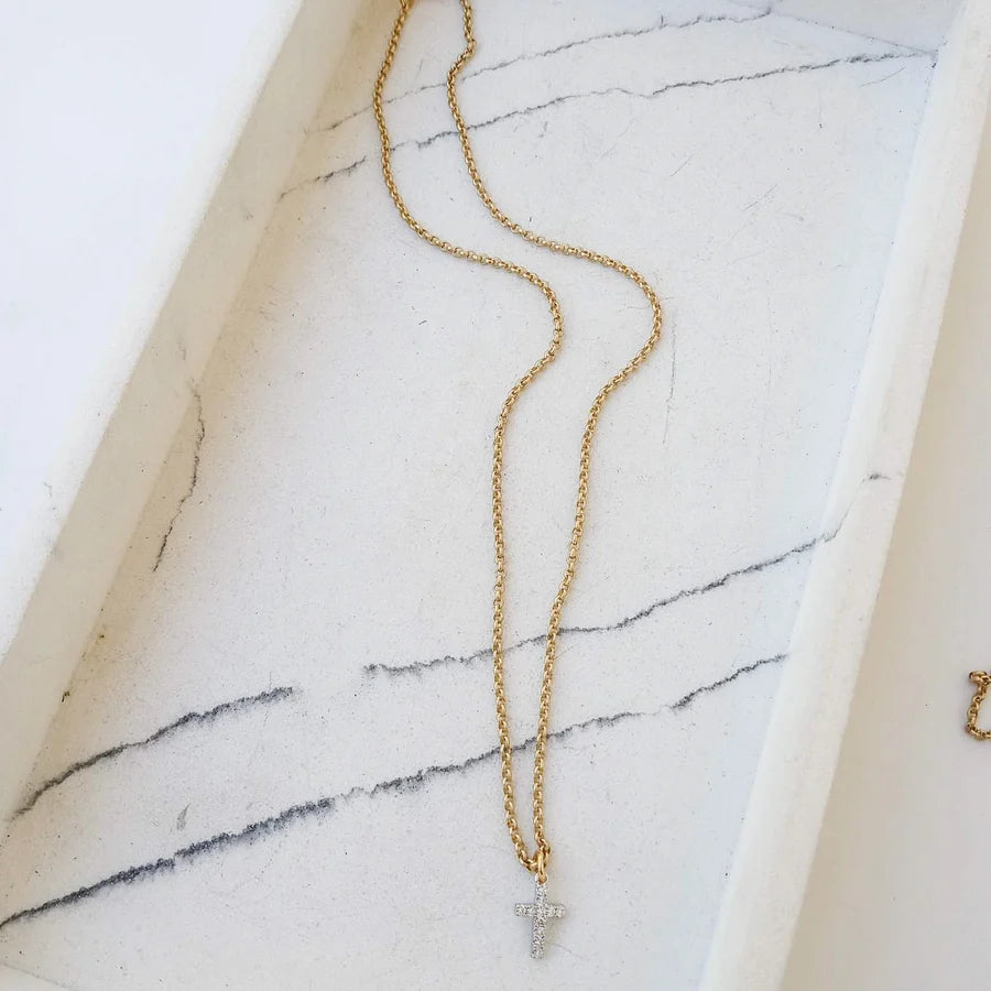 Virtue Small Rolo w/ Petite Pave Cross - Gold Chain/ Silver Cross