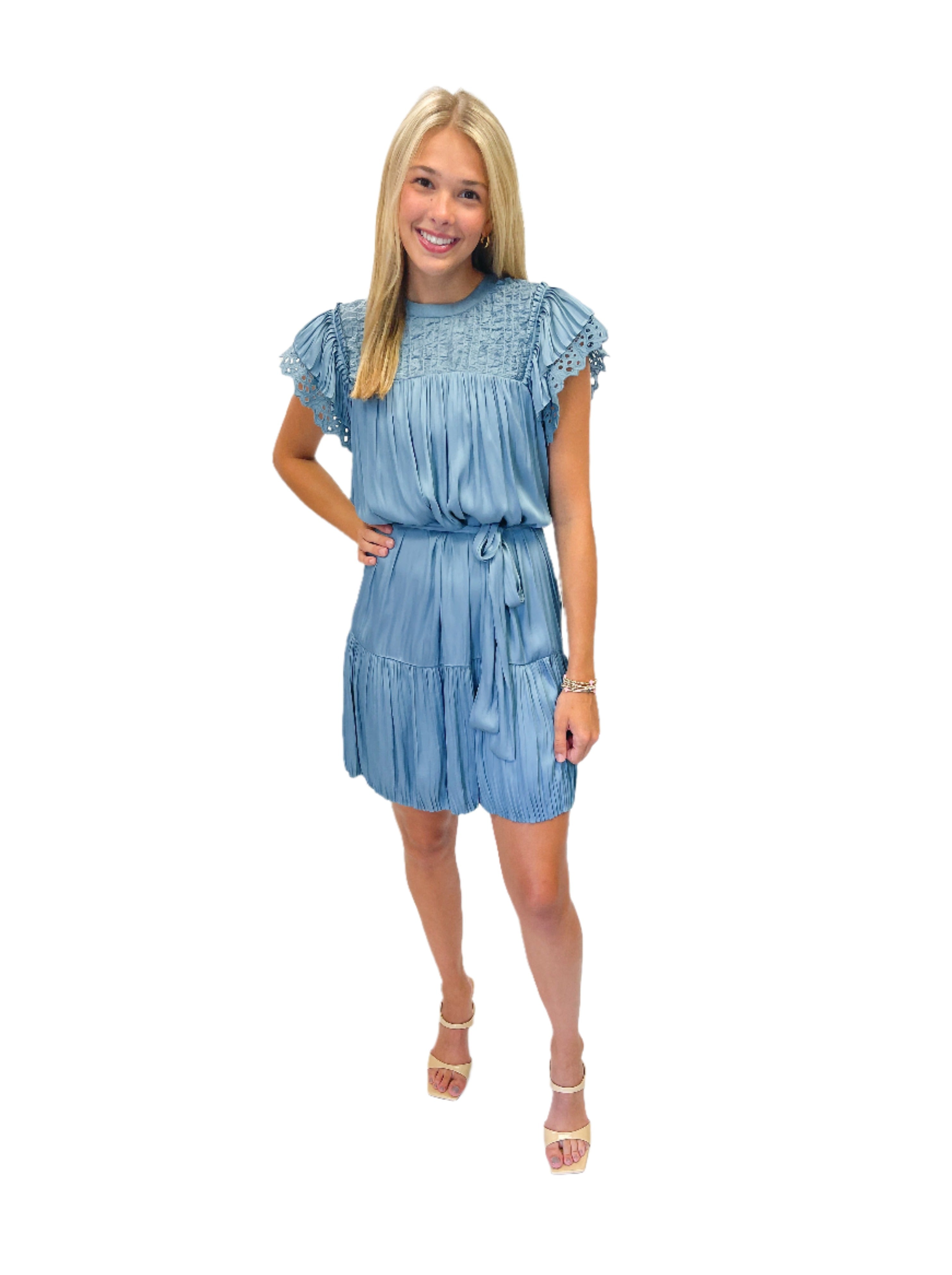 LBLOX Detailed Dress with Tie - Dusty Blue - Gabrielle's Biloxi