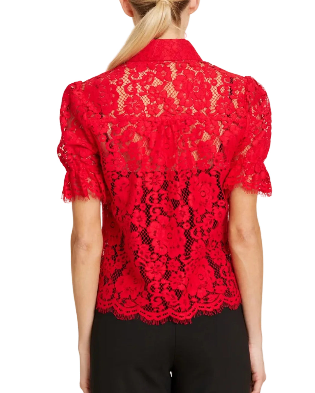 Dolce Cabo Floral Lace Elastic Cuff Top - Red