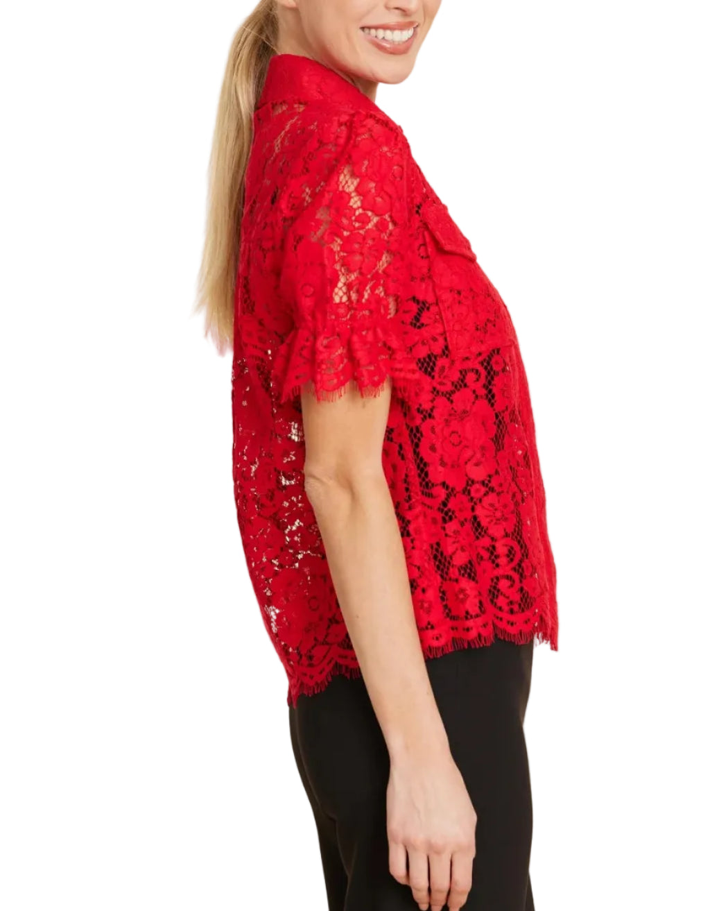 Dolce Cabo Floral Lace Elastic Cuff Top - Red