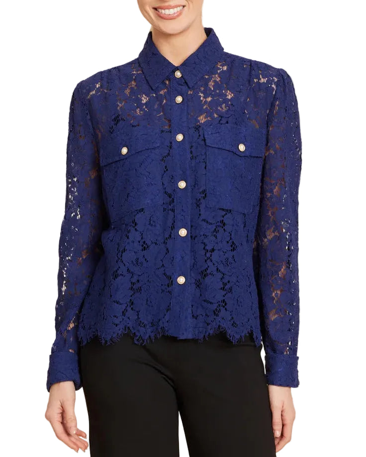 Dolce Cabo Lace Pearl Button Top - Blue - Gabrielle's Biloxi