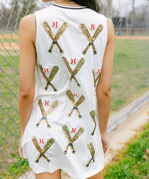 Queen of Sparkles White Scattered Baseball Bat Tank Dress - Gabrielle's Biloxi