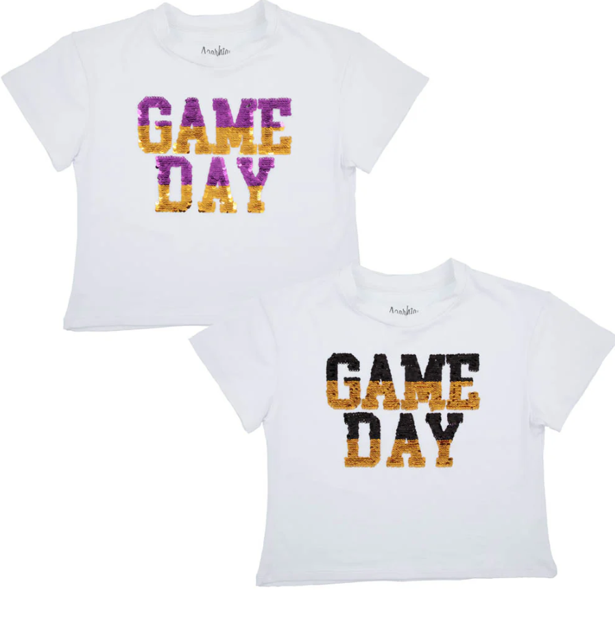 Sequin Reversible Purple/Black Gold Game Day Tee - Gabrielle's Biloxi