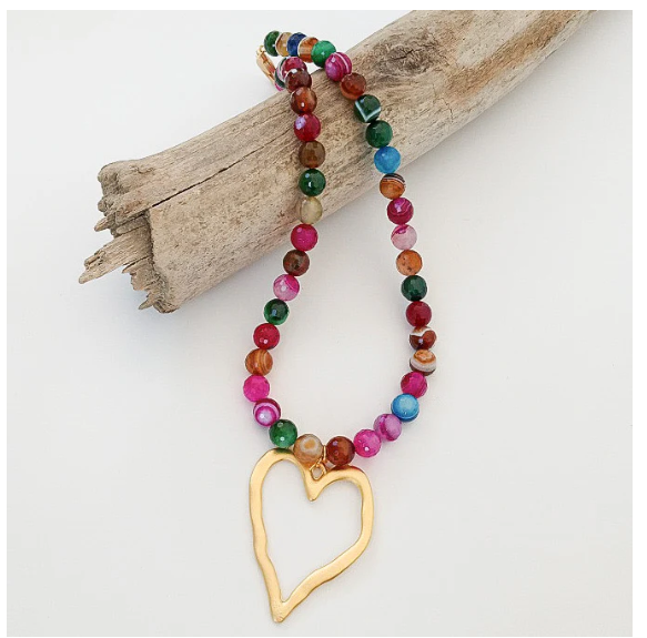 Gemstone Beaded Necklace w/ / XL Heart - Pink Agate - Gabrielle's Biloxi