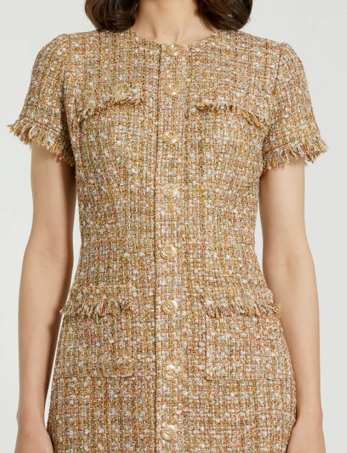 Mac Duggal Bouclé Short Sleeve Mini Dress with Pockets - Latte Multi - Gabrielle's Biloxi
