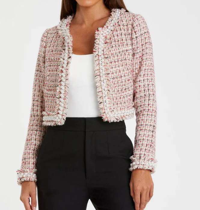 Mac Duggal Pearl Trim Long Sleeve Cropped Jacket - Cherry - Gabrielle's Biloxi