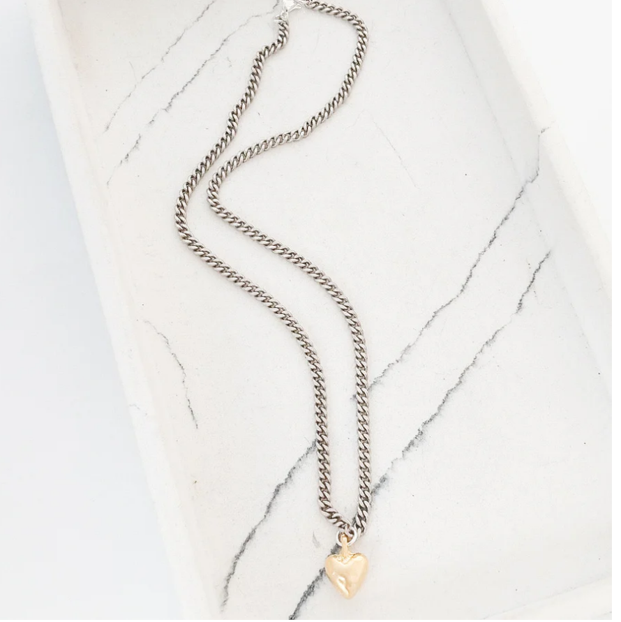 Puffy Gold Heart on Small Silver 16" Curb Necklace - Gabrielle's Biloxi
