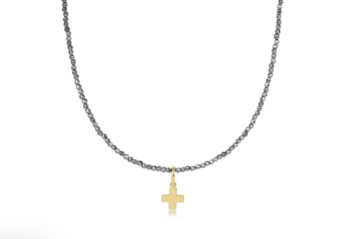 15" Choker Silver Faceted Hematite 2mm Bead - Signature Gold Cross Charm - Gabrielle's Biloxi