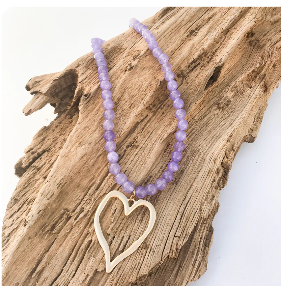 Gemstone Beaded Necklace w/ / XL Heart - Lilac Cat Eye - Gabrielle's Biloxi