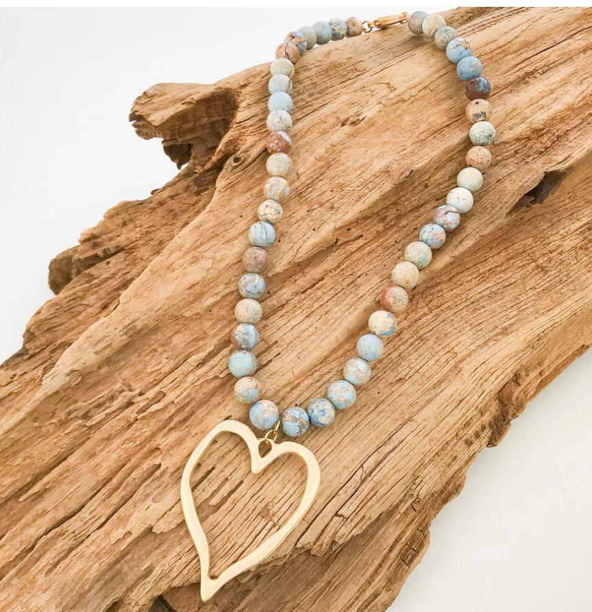 Gemstone Beaded Necklace w/ / XL Heart - Blue Sea - Gabrielle's Biloxi