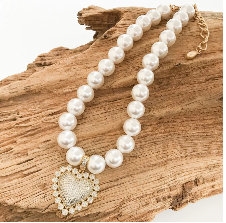 Virtue CZ Heart on Jumbo Round Shell Pearl Necklace - Gabrielle's Biloxi