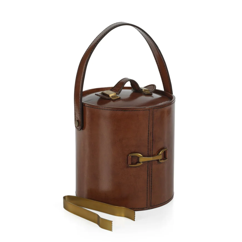 The Connaught Leather Ice Bucket w/ Gold Metal Ice