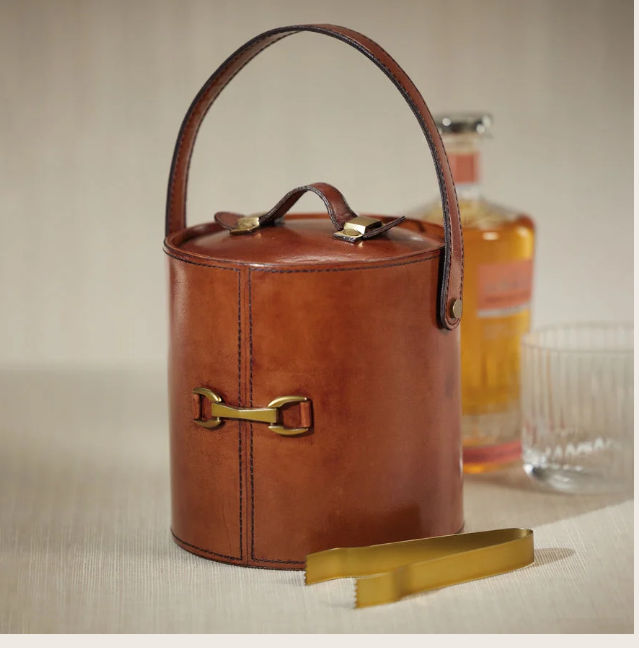 The Connaught Leather Ice Bucket w/ Gold Metal Ice