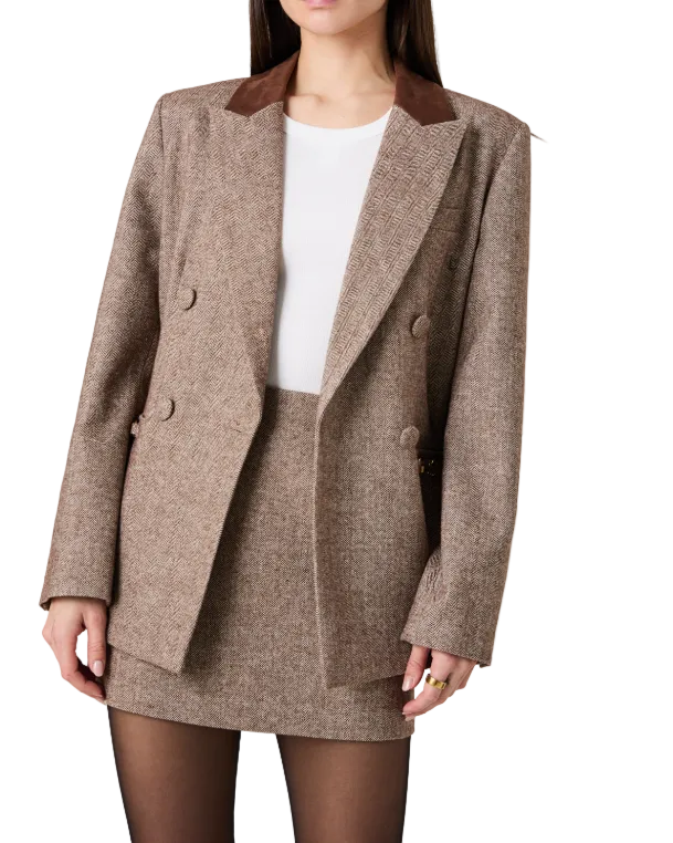 French Connection Naya Herringbone Contrast Blazer - Chestnut Brown