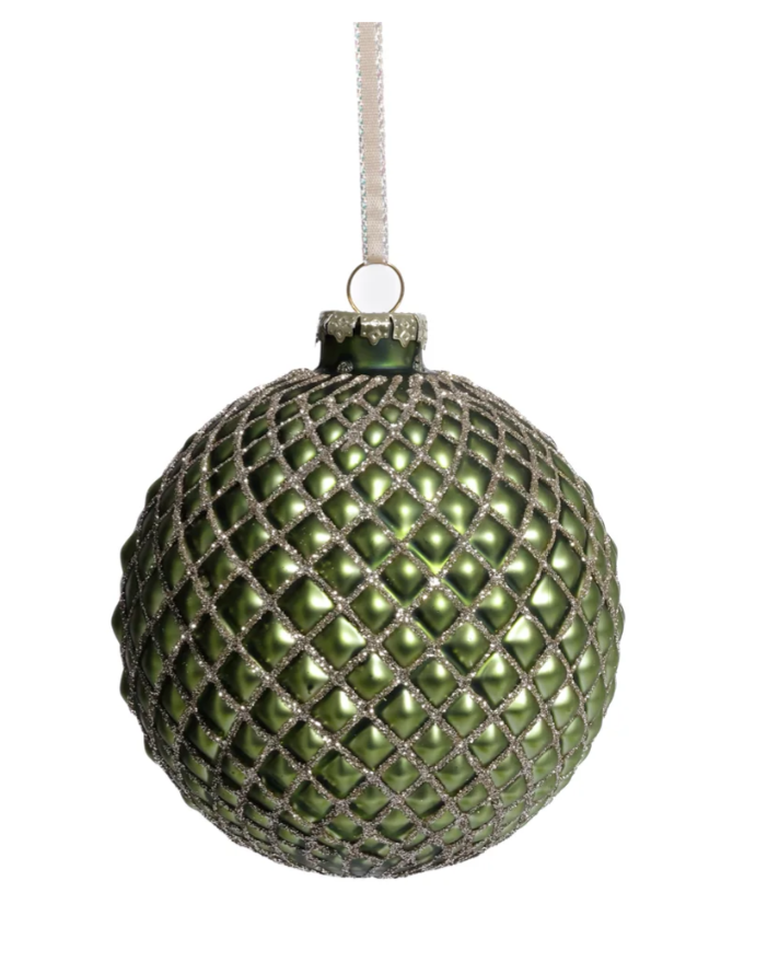Matte Green Metallic Glass Ball Ornament, 4"