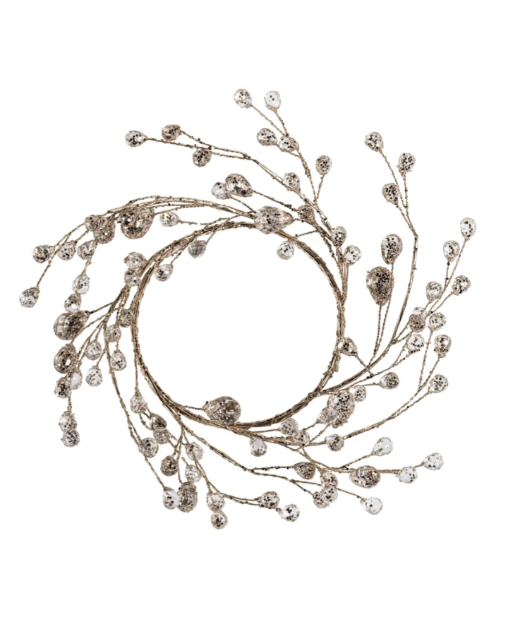 Beaded Glass Berry Wreath- Clear + Gold 7"