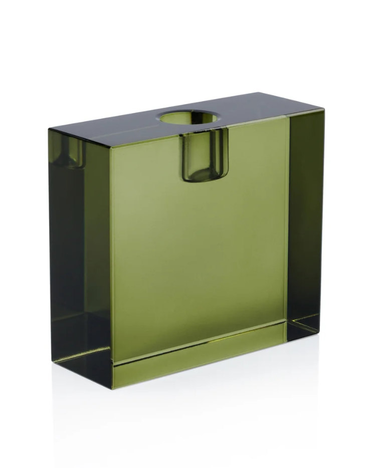 Rectangular Crystal Glass Taper Holder-Green, 4.25