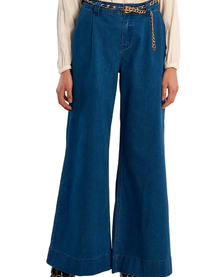Wide Leg Denim Pants - Denim Blue