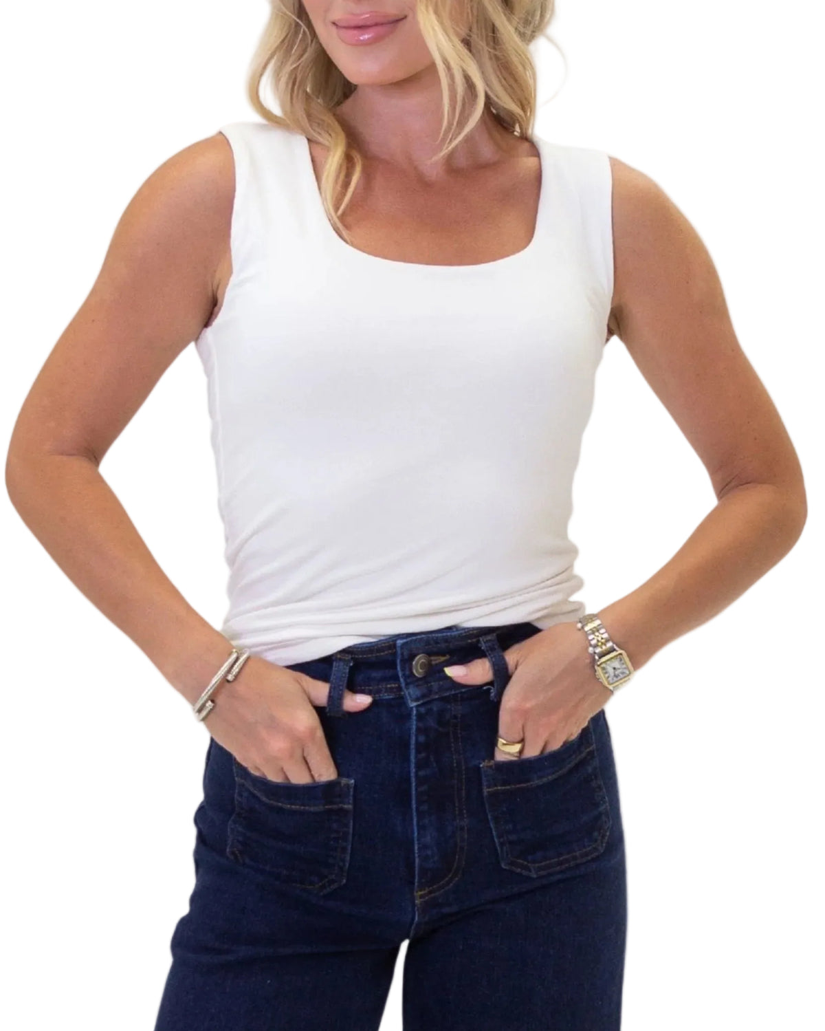 Karlie Solid Double-Knit Scoop Tank - Ivory