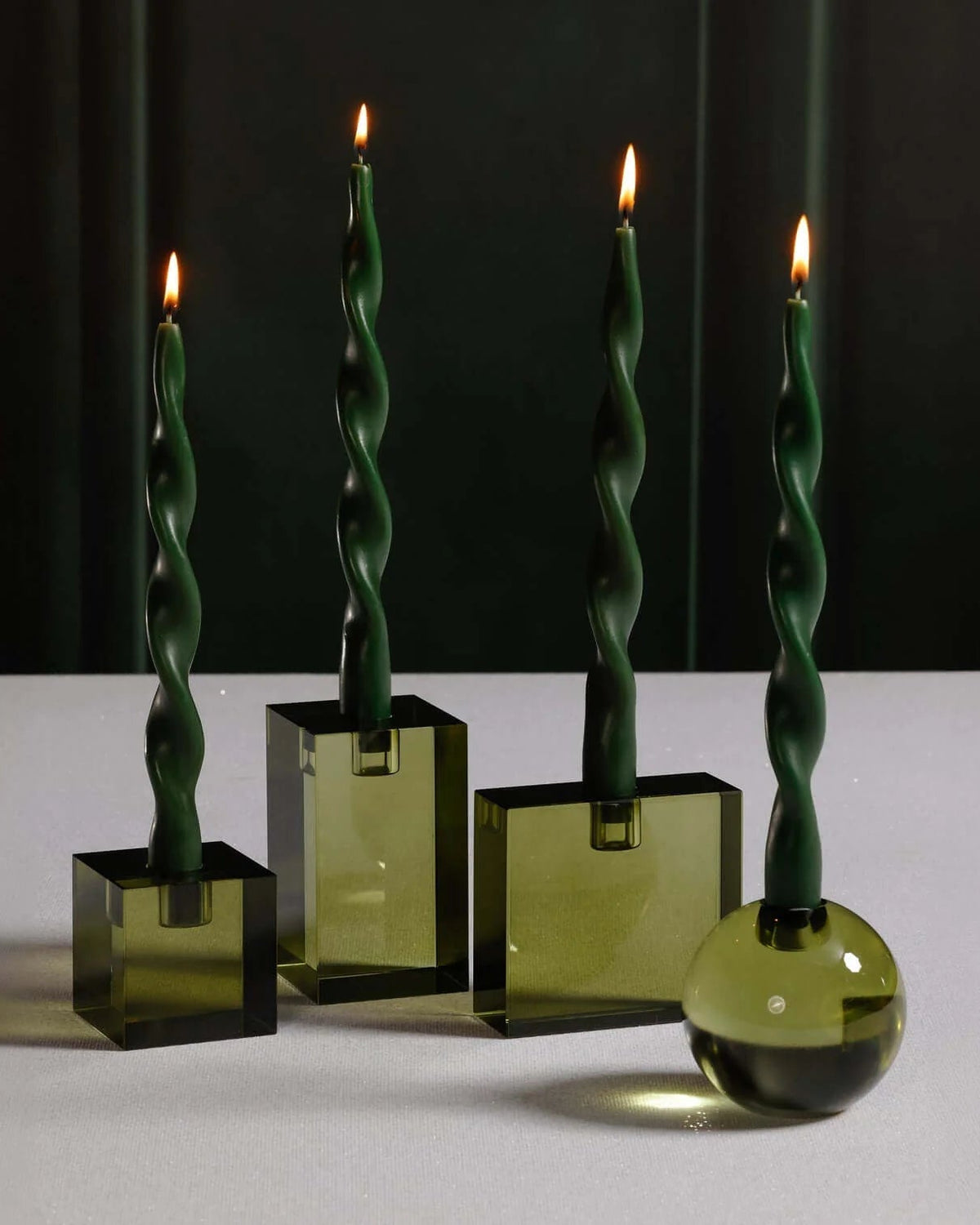 Square Crystal Glass Taper Holder- Green, 2.75" x 2.75 in