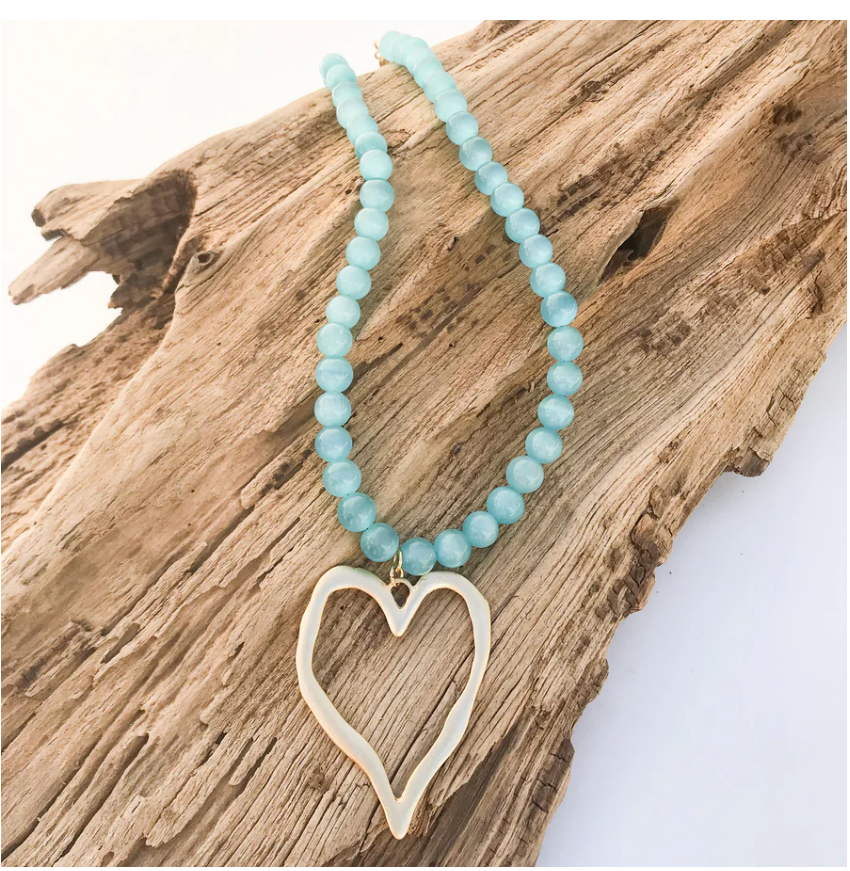 Virtue Gemstone Beaded Necklace w/ XL Heart - Aqua Cat Eye - Gabrielle's Biloxi