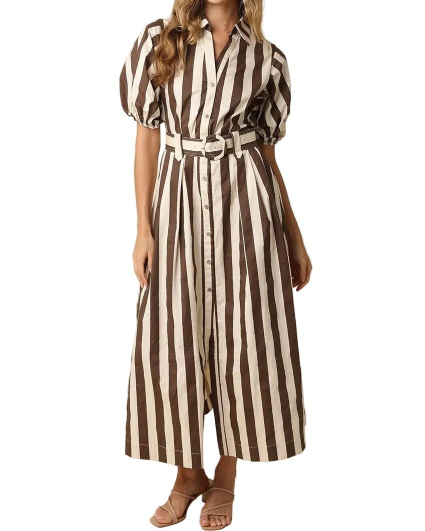 Cora Belted Stripe Maxi Dress - Brown