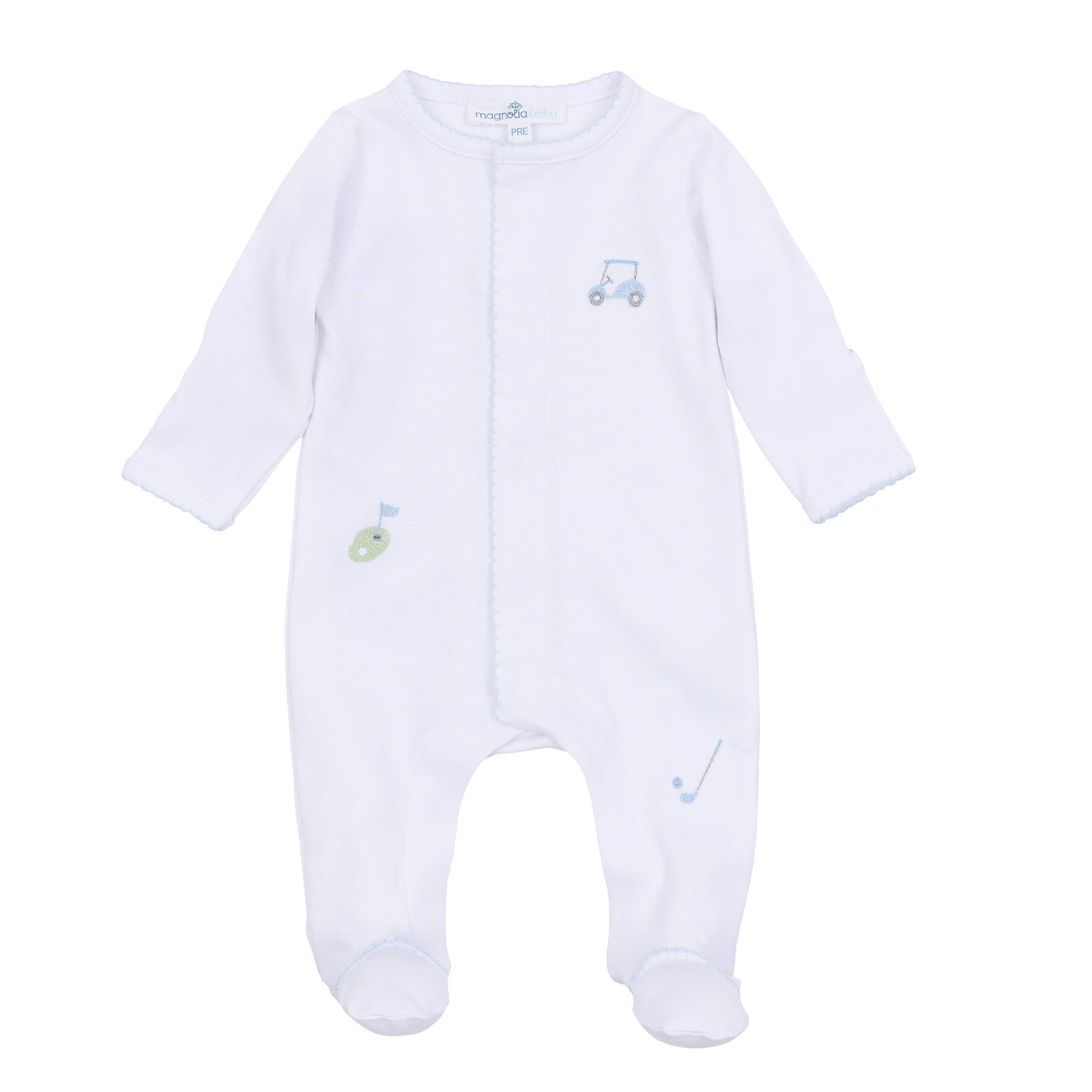 Tiny Tee Time Embroidered Footie - Light Blue - Gabrielle's Biloxi