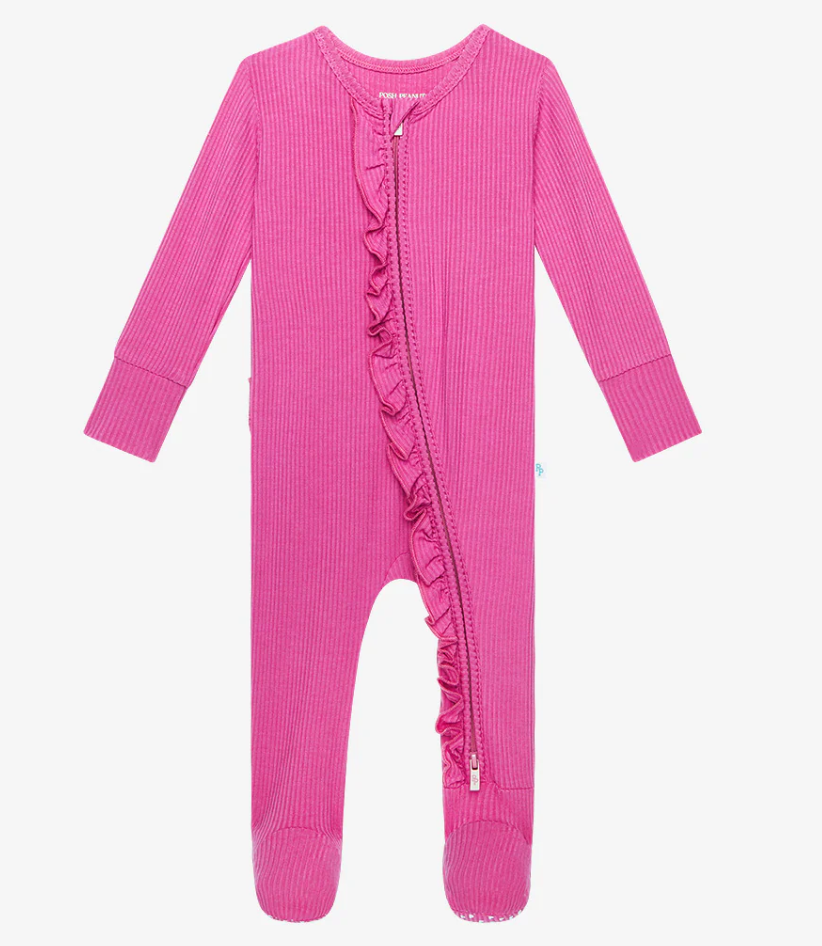 Posh Peanut Solid Ribbed Footie Ruffled Zippered One Piece - Bright Violet - Gabrielle's Biloxi