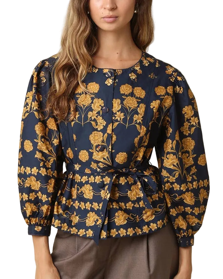 Amara Floral Tie Waist Peplum Blouse - Navy Gold