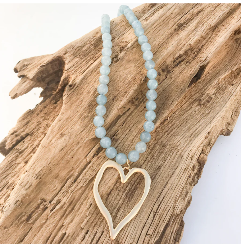 Virtue Gemstone Beaded Necklace w/ XL Heart - Cloud - Gabrielle's Biloxi