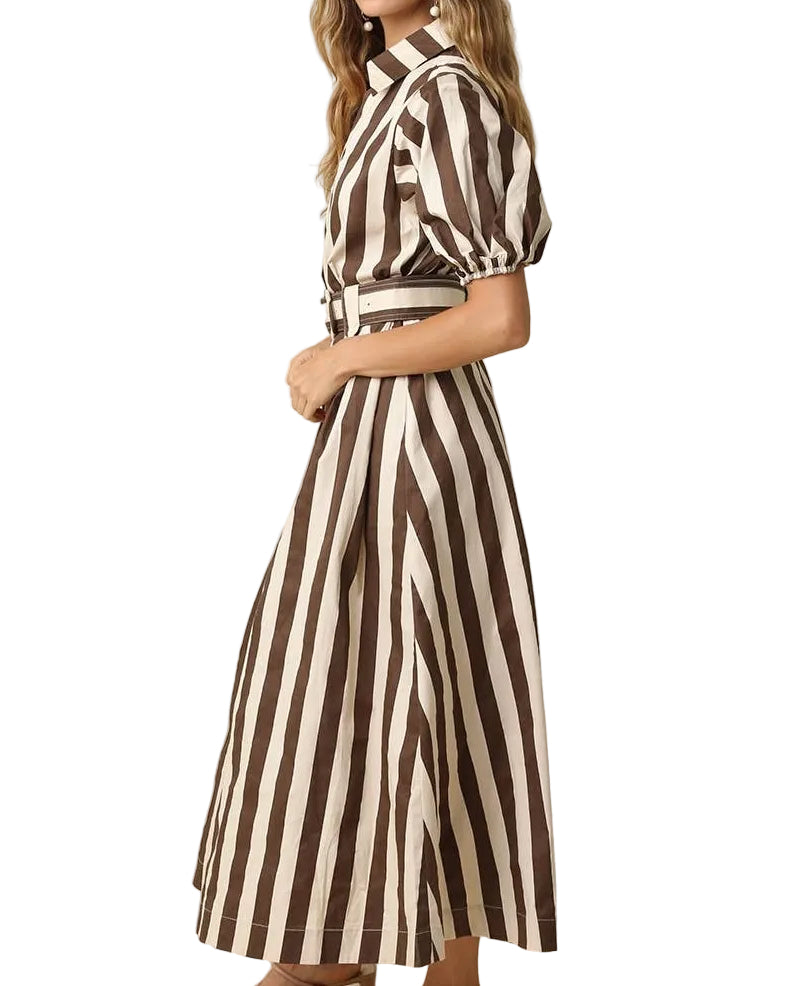 Cora Belted Stripe Maxi Dress - Brown